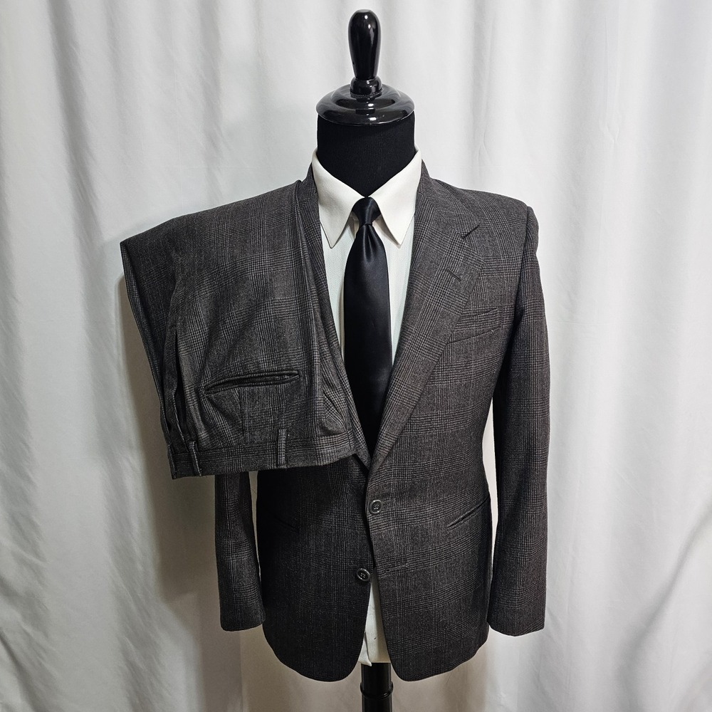 Perry Ellis Suit Mens 38S Pants 28x27 Houndstooth Glen Plaid Check 100% Wool